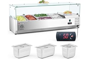 Wilprep Refrigerated Condiment Prep Station, 48" Sandwich Prep Table Refrigerator with 2 1/3 2 1/4 & 2 1/6 Pans Glass Sneeze Guard, NSF ETL Listed Salad Bar Buffet Station with Adjustable Temperature