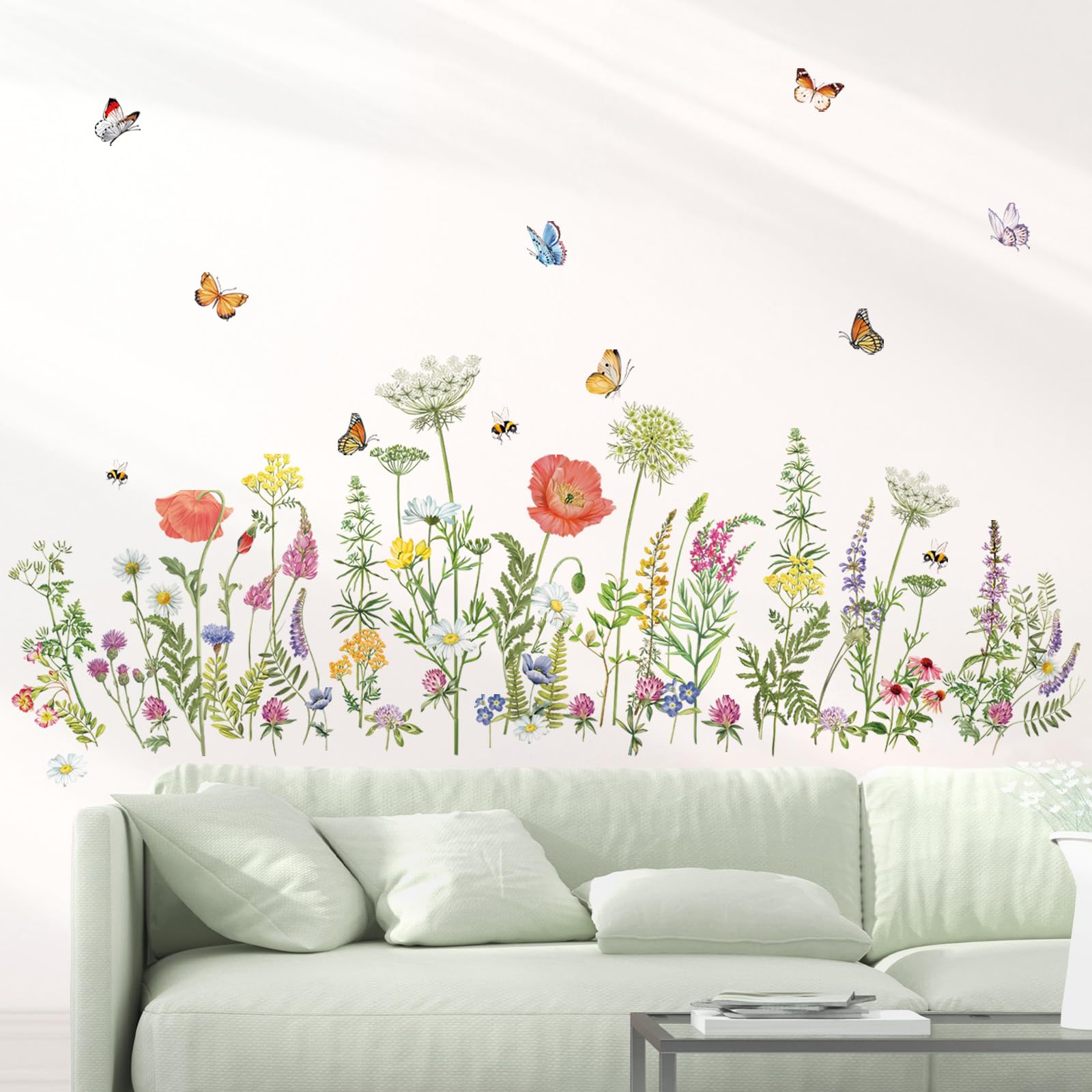 decalmile Wildflower Grass Wall Stickers Garden Flower Butterflies Wall Decals Living Room Girls Bedroom Office Wall Decor — image 1