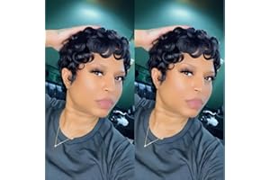 QiaQiaRing Pixie Cut Wigs for Black Women Brazilian Virgin Curly Wave Human Hair Glueless Short Layered Pixie Cut Curly Wigs With Bangs Natural Black Color for Daily Use