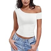 YEOREO Women One Off Shoulder Y2K Tops Double Lined Slim Fit T Shirts Going Out Basic Tees