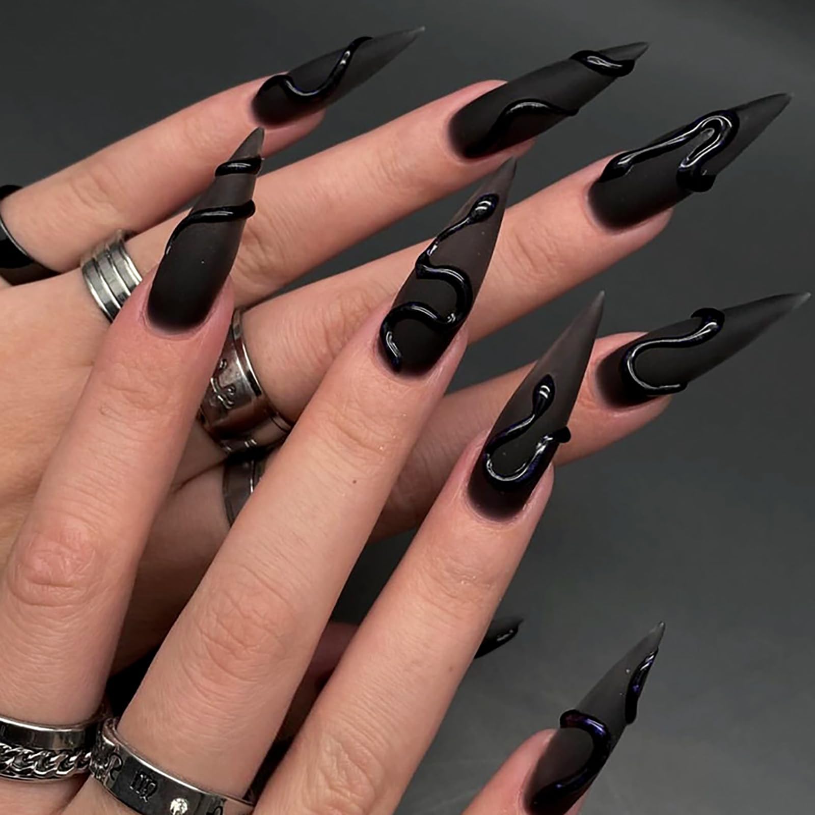 24 Pcs Black Almond Press on Nails Long Stiletto - GRITOSE Acrylic Fake Nails Press ons Reusable False Nails with 3D Snake Design Matte Almond Nails Artificial Full Cover Stick on Nails for Women