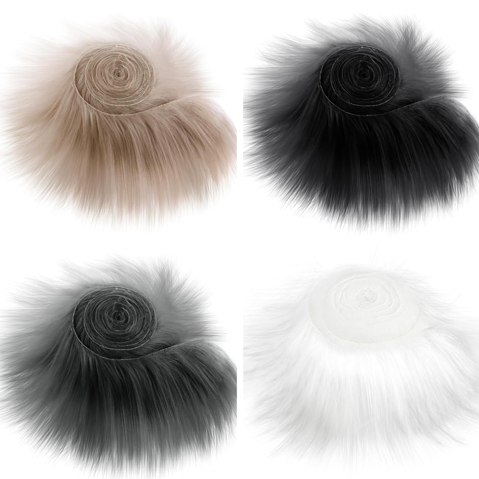 4pcs Faux Fur Fabric Strips (White, Black, Khaki, Gray) Fluffy Fuzzy Craft Pieces for Gnome Beards, Hair, Santa Claus Cosplay