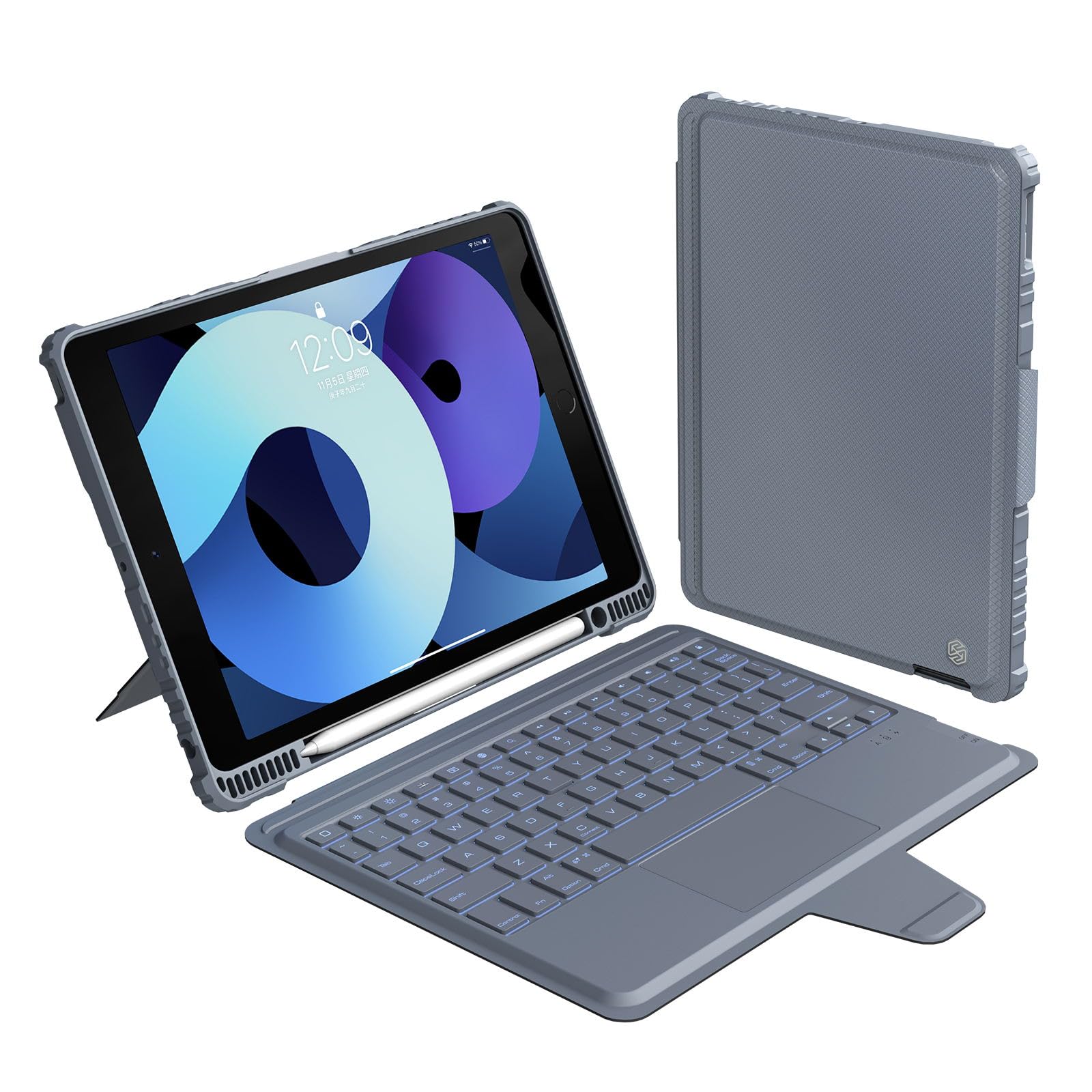 Photo 1 of Nillkin iPad 9th Generation (10.2", 2021) Case with Detachable Keyboard, Magic Trackpad, 7-Colors Backlit, Portrait/Landscape Modes, Rugged Keyboard Case with Camera Cover for iPad 8th/7th Gen, Gray