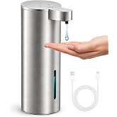 XINKORA Stainless Steel Automatic Soap Dispenser for Dish &amp; Hand Soap, Touchless Sensor Pump, 4 Adjustable Levels, Rechargeable, 350mL, Wall Mount or Countertop for Kitchen &amp; Bathroom