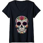 Womens Funny Cinco De Mayo Shirt Dia de Los Muertos Sugar Skull V-Neck T-Shirt