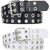 macoking Grommet Leather Belts for Women, Black Belt Women Men with Double Holes