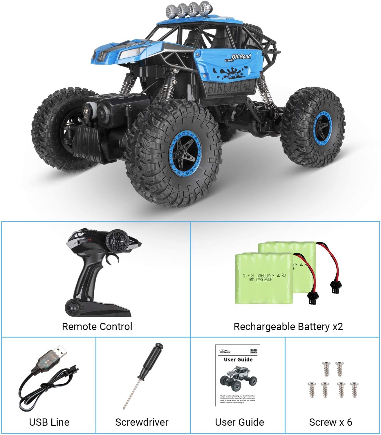 RC Car, SHARKOOL 2020 Updated 2.4Ghz 4WD 1/16 Scale RC Trucks Rc Crawlers Remote Control Car with Two Rechargeable Batteries, Off Road Vehicle for Kids & Adults, Blue: Toys & Games