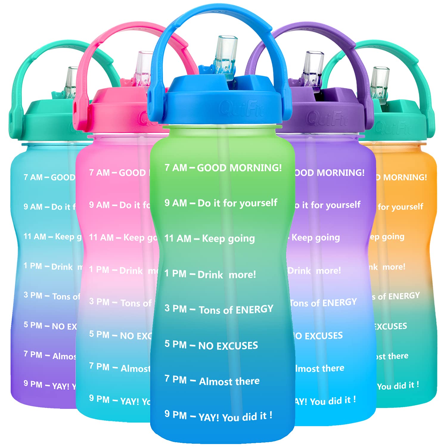 BuildLife 2 Litre Water Bottle - BPA Free Motivational Half Gallon Water Bottle with Straw & Phone Holder Handle/Reminder to Drink More Daily Leak Proof Reusable Large Capacity(Green Blue)