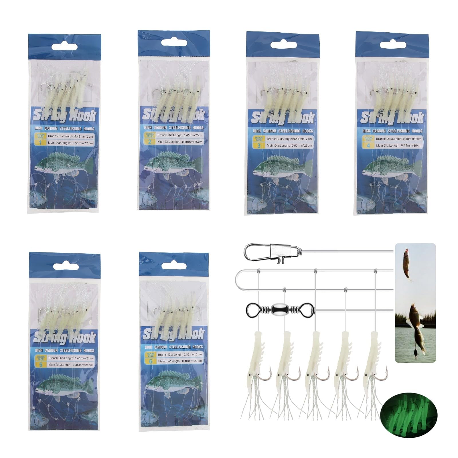 Conskyee Luminous Shrimp Baits Set, 6 Pack Soft Fishing Lure Rigs, Glow Fish Lures with High Carbon String Hook for Freshwater Saltwater Trout Catfish Salmon Bass
