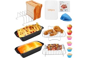 LEANKING Dual Basket Air Fryer Accessories, 15pcs Set for Ninja DZ401 DZ201 Foodi Dualzone Air Fryers with 100pcs Air Fryer Liners, 2 Non-Stick Pans, Bread,Toasting,Skewer Racks, 6 Cake Cups, 2 Mitts, Recipes