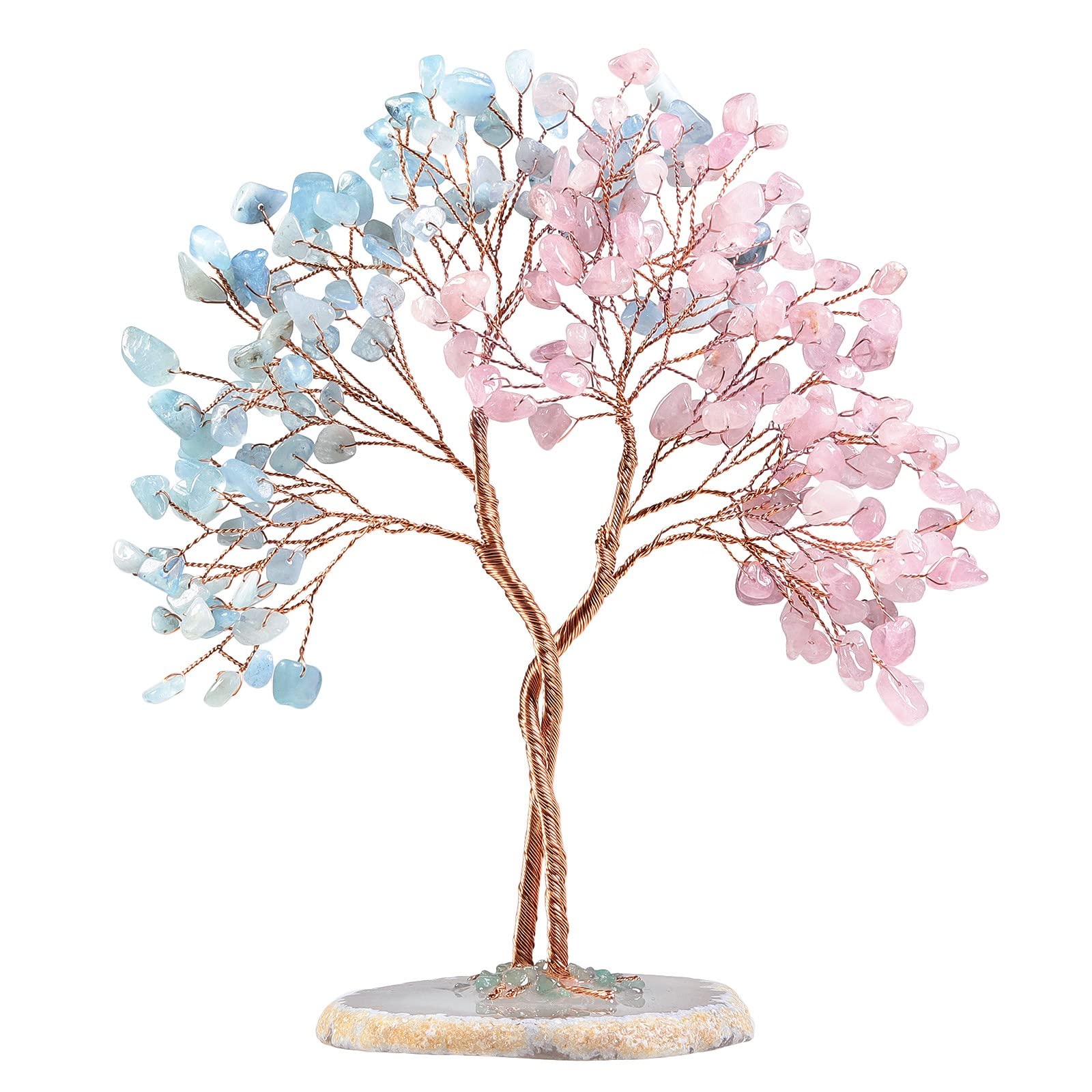KYEYGWO Rose Quartz+Aquamarine Crystal Stone Money Tree with Agate Slice Base Handmade Feng Shui Bonsai Tree Decoration Love Stone Tree Ornament for Fortune and Wealth