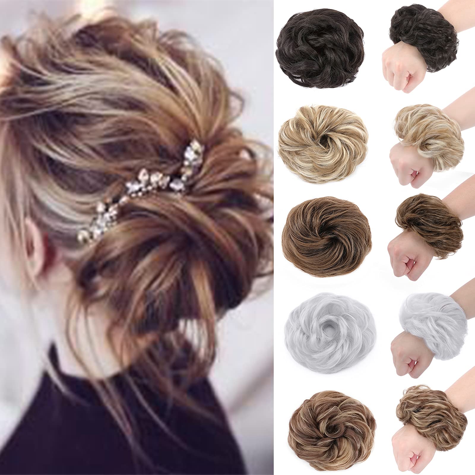 Silk-co Messy Hair Scrunchies Thick Hair Bun Extensions 45g Updo Ponytail Hairpiece Donut Hair Piece Chignons Hair Accessories - Coffee Brown mix Bleach Blonde