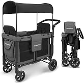 WONDERFOLD W2 Original Double Stroller Wagon Featuring 2 High Face-to-Face Seats with 5-Point Harnesses, Easy-Access Front Zipper Door, and Removable UV-Protection Canopy, Charcoal Gray