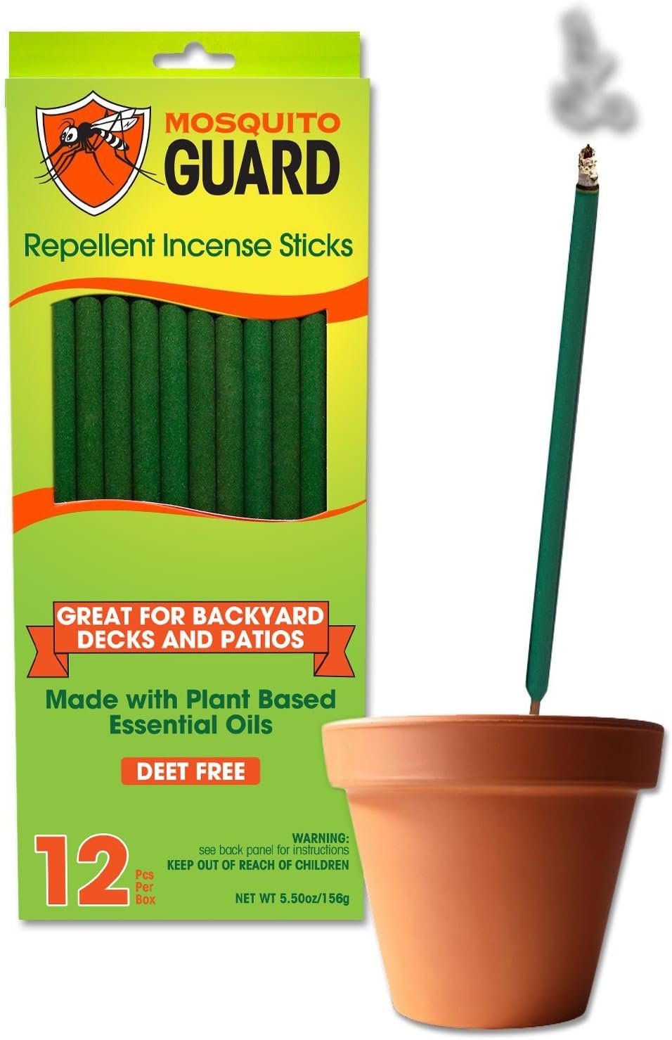 Mosquito Guard Incense Repellent Sticks – 12 Inch Incense Sticks Made with Natural Plant Based Ingredients: Citronella, Lemongrass & Rosemary Oil - 12 Sticks Per Box