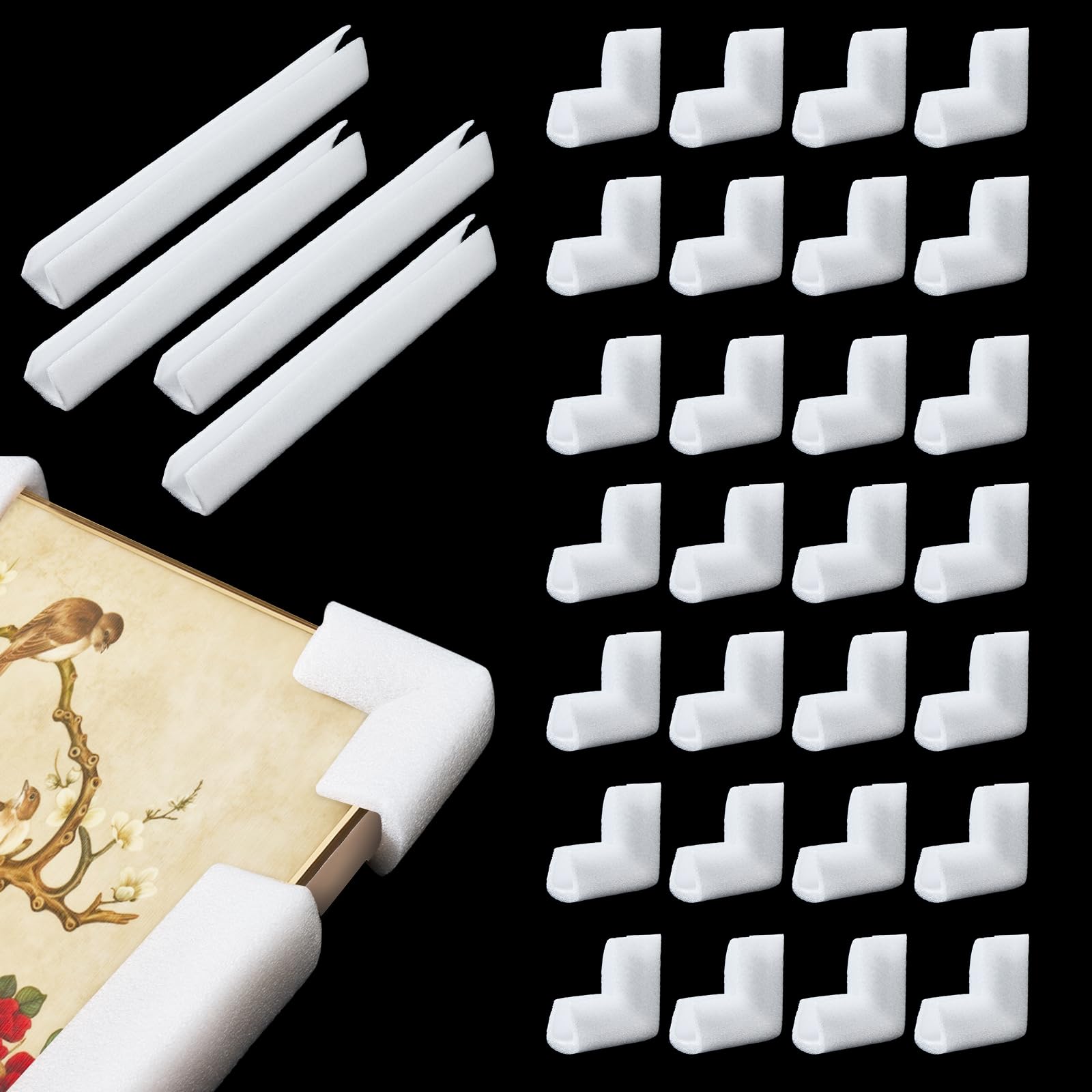 Photo 1 of 32Pcs Picture Frame Foam Corner Protectors for Moving - U-Channel Foam Edge for Photo Mirror Art Furniture Packing, L-Shaped Cushioning for Artwork