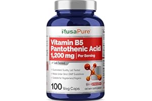 NusaPure Vitamin B5 Pantothenic Acid 1,200mg Per Serving 100 Caps Vegetarians Vegans, Non-GMO Dietary Supplement