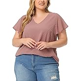 Agnes Orinda Plus Size Swiss Dots Blouses for Women Dressy V Neck Summer Short Sleeve Casual Cute Shirts Tops