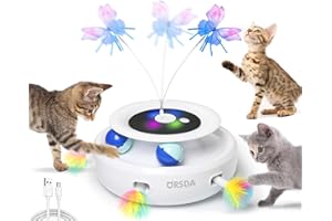 ORSDA Cat Toys Rechargeable, 3 in 1 Automatic Cat Toy, Moving Ambush Feather, Fluttering Butterfly, Track Balls, Whack a mole