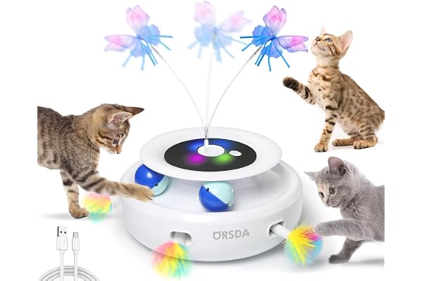 ORSDA Cat Toys Rechargeable, 3 in 1 Automatic Cat Toy, Moving Ambush Feather, Fluttering Butterfly, Track Balls, Whack a mole
