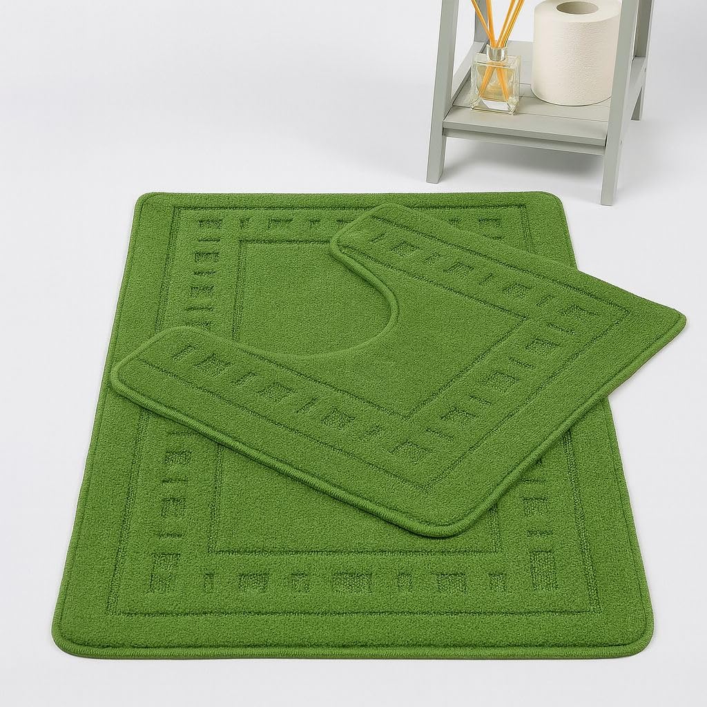HOMES-LINEN Diem Square 2 Piece Bath Mat & Pedestal Set Non Slip Extra Absorbent Bathroom Toilet Rug Bath Mats Set (Sage Green)