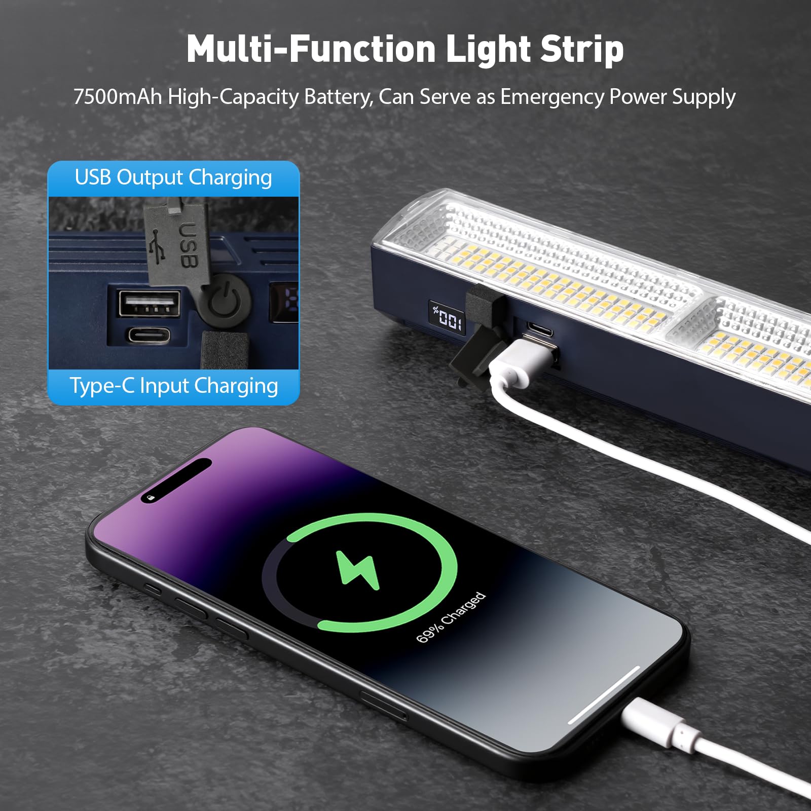 Condition photo showing As Is for magnetic light bar, rechargeable led work light with hooks, 7500mah cordless portable lamp for under cabinet, garage, car repair, workshop & emergency (1, black)
