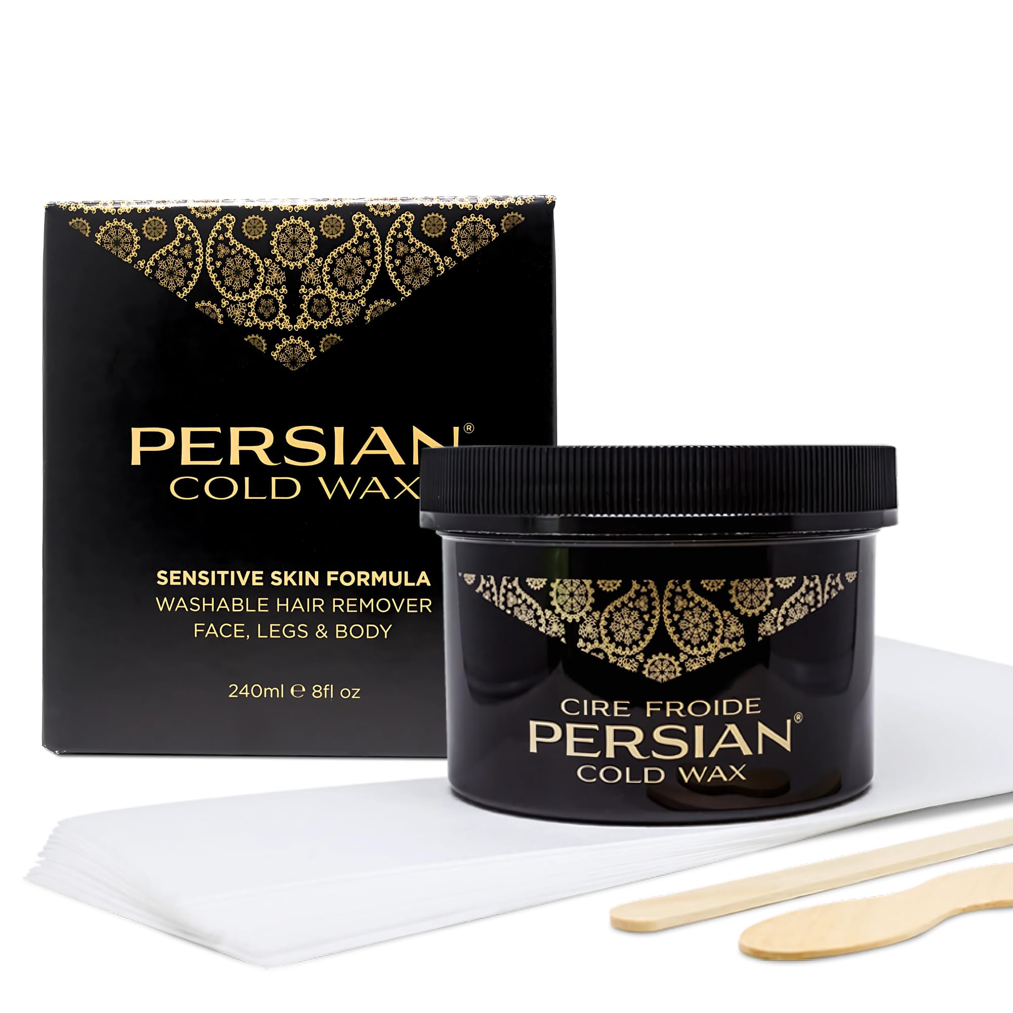 Persian Cold Wax Kit, Hair Removal Sugar Wax for Fine to Medium Hair Types Body Waxing Women & Men, 8 oz (240ml) wax, 20 strips, 2 spatulas
