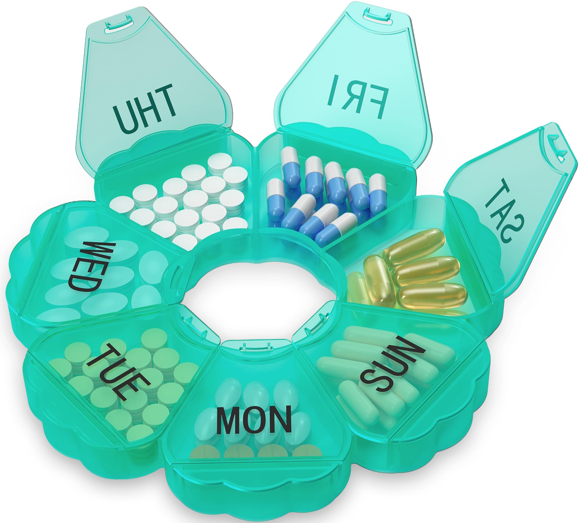 Photo 1 of ?????? ???? ?????????, Thinned and Enlarged 7 Day Pill Organizer, Cute Daily Pill Box with Large Compartment for Travel, Pill Container for Medication, Vitamin, Supplements(Green)