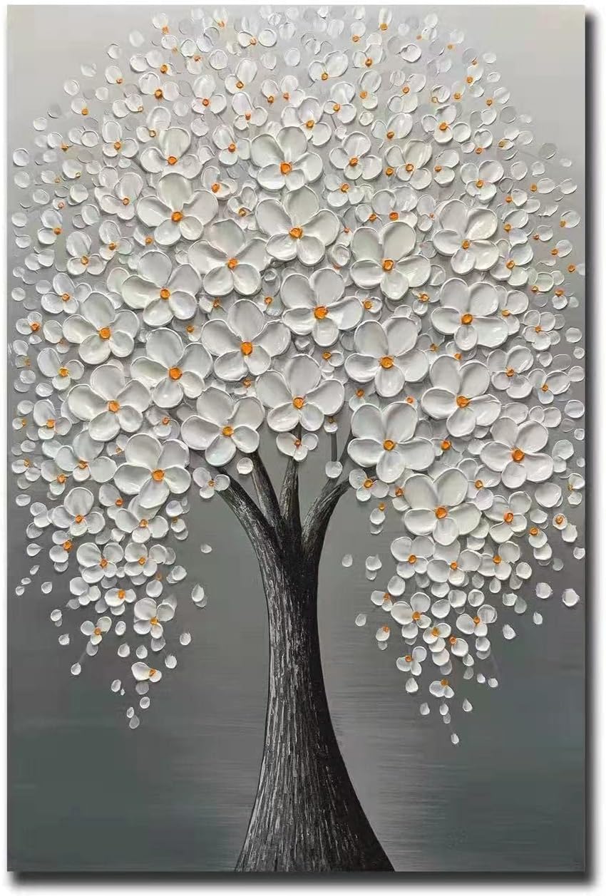 Paintings - Yotree Oil paintings, 24x36 Inch Grey-White Flowers Tree Luck Tree Oil Hand Painting 3D Hand-Painted On Canvas Abstract Artwork Art Wood Inside Framed Hanging Wall Decoration Abstract Painting
