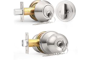 Probrico Entry Door Handle Set with Single Cylinder Deadbolts Combo Pack,Satin Nickel Finish Door Knobs with Lock&Keys, Round