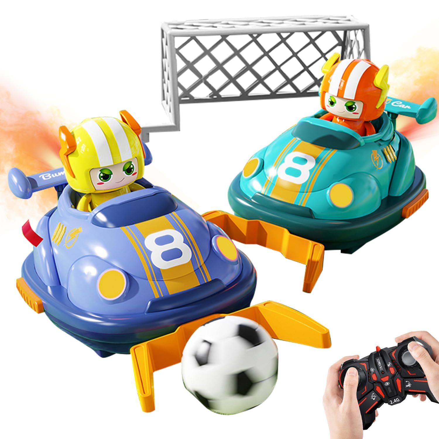 KENNEAS 2 Player RC Cars for Kids, 360° Spin Motorcycle-Style Bumper Cars with Light & Music, Rechargeable Toy Motorbike Set, Crash & Soccer Mode, Racing Toys for Boys Age 3-6, Indoor Family Fun Gift