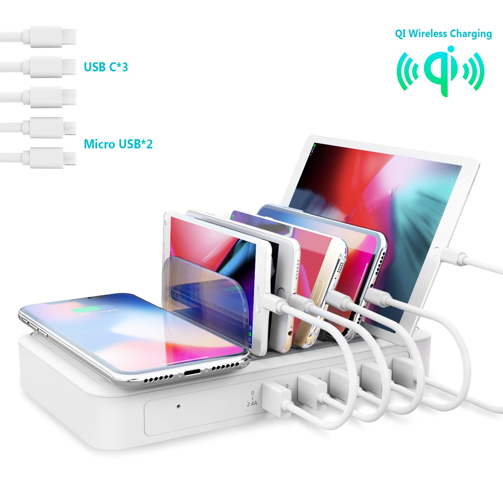 TechDot Charging Station Multiple Devices with Inductive Wireless Charger 5 Port Charging Station Multi USB Charging Station Mobile Phone Tablet with Wireless Charger