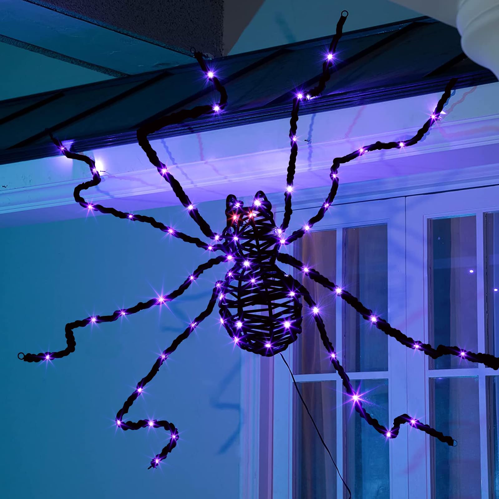 Photo 1 of EAMBRITE Halloween Decorations Outdoor 5FT Bendable Scary Giant Spider with 83LT Purple Lights Black Fake Spider for Halloween Indoor Outdoor Yard Home Parties Creepy Décor