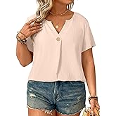 Eytino Plus Size Tops for Women V Neck Short Sleeve Button Down Pleated Loose Casual Summer Blouses Shirts(1X-5X)