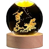 QIANCHANG 3D Laser Etched Pisces Crystal Ball with LED Light Stand, Constellation Decor Glass Sphere Lamp, Zodiac Astrology Birthday Gifts for Women Kids