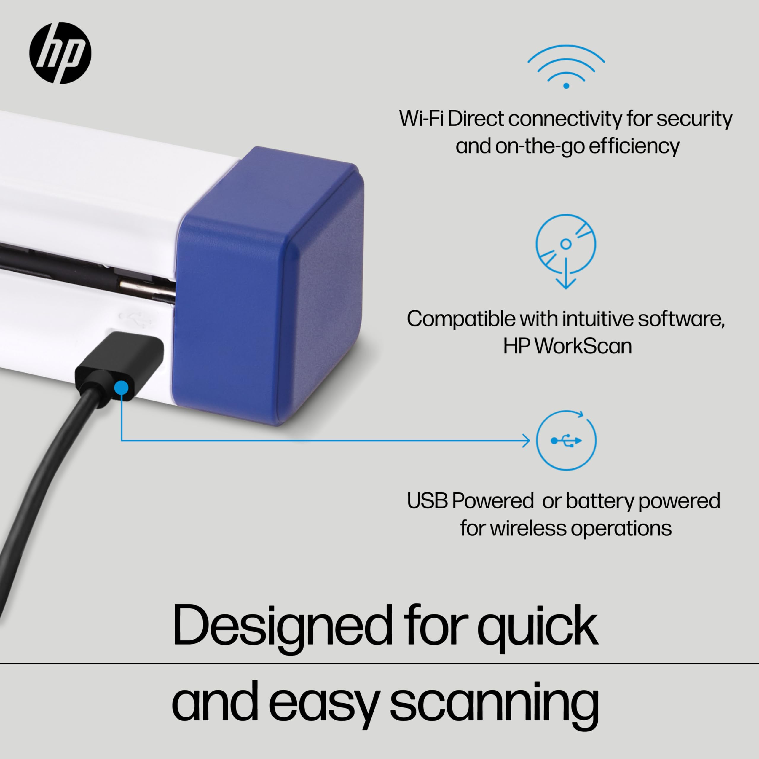 HP PS100W Portable Document Scanner | Compact, Portable, Wireless, 1-Sided Simplex Digital Scanner for Home & Office | Rechargeable, USB & Wi-Fi Direct, Compatible with Mac & Windows PC and Laptop