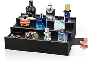 AMEUPHERCY Wooden Cologne Organizer for Men - 3 Tier Cologne Stand Perfume Organizer with Hidden Compartment, Black Elevated Cologne Display Shelf for Organizing and Storing,Watch and Jewelry,Gift for Father