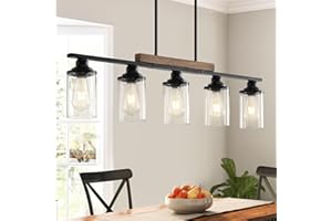 MANGINY 5-Light Dining Room Light Fixture, Kitchen Island Lighting Over Table, Hanging Farmhouse Chandelier Linear Chandeliers, Black Rustic Pendant Light Fixtures with Clear Glass Shade and Adjustable Rods
