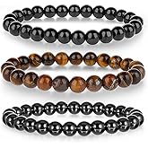 Mabor 3Pcs Beaded Bracelets for Men – 8mm Beads Stretch Elastic Spiritual Bracelets Jewelry Gift for Men Women Black Obsidian, Hematite, Tiger Eye Stone