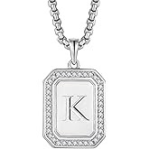 Raymard Mens Womens 925 Sterling Silver A-Z Initial Necklace, Cubic Zirconia Dog Tag Pendant Necklace for Men, 24" Rolo Chain Initial Jewelry