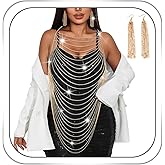 Aiosy Gold Body Chain Tassel Chain Bra Body Harness Jewelry for Women Shoulder Chains Chest Bikini Rave Accessories (with Gold Earrings)