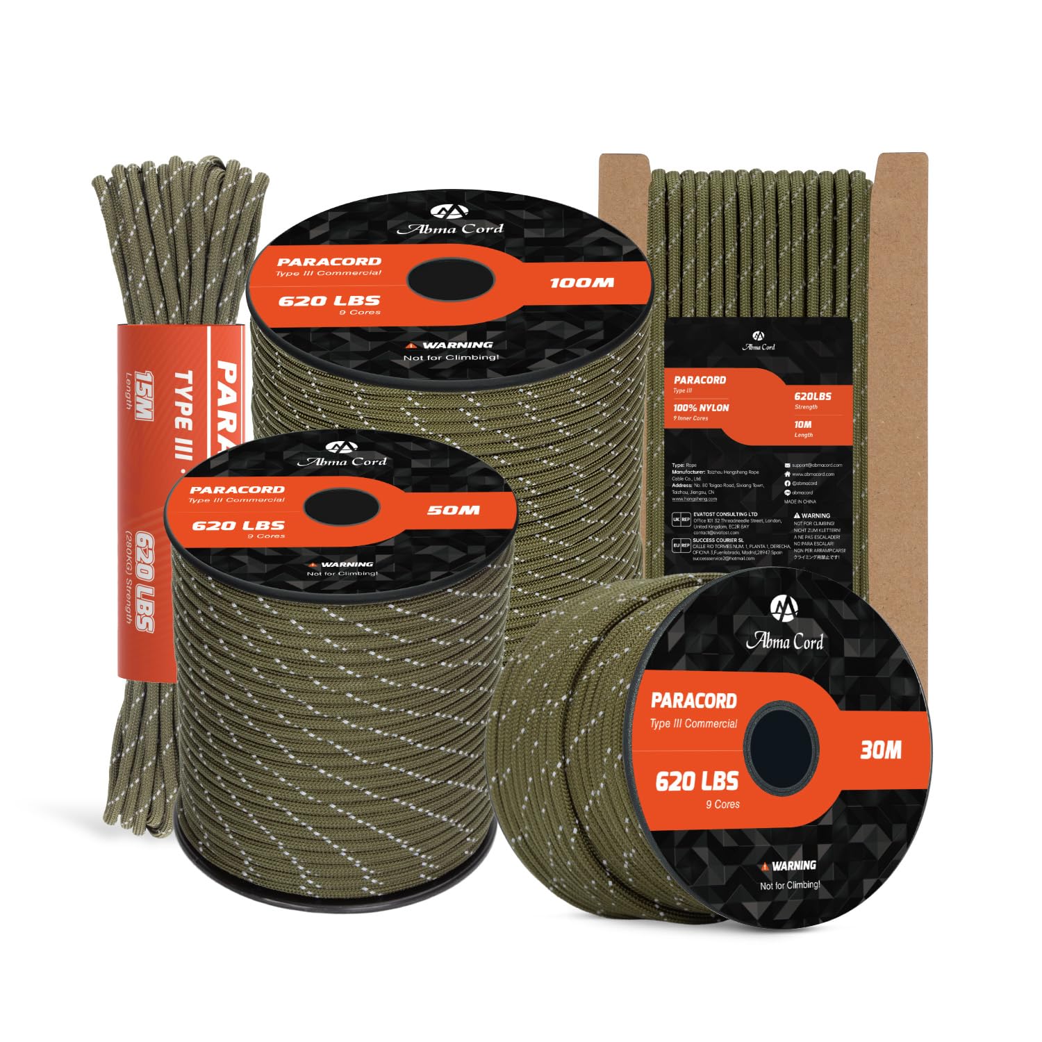 Abma Cord Paracord 4mm 15m 100% Nylon Rope 9 Strands Type III Parachute Cord for DIY, Camping, Survival, Outdoor - Max. 280kg - Reflective Army Green