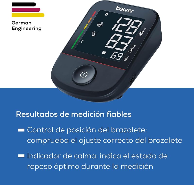 BM 48 Tensiómetro de brazo, operación sencilla con un solo botón, medición suave y rápida, detección de arritmias, 22-42 cm, con aplicación, transferencia de datos a Apple Health y más