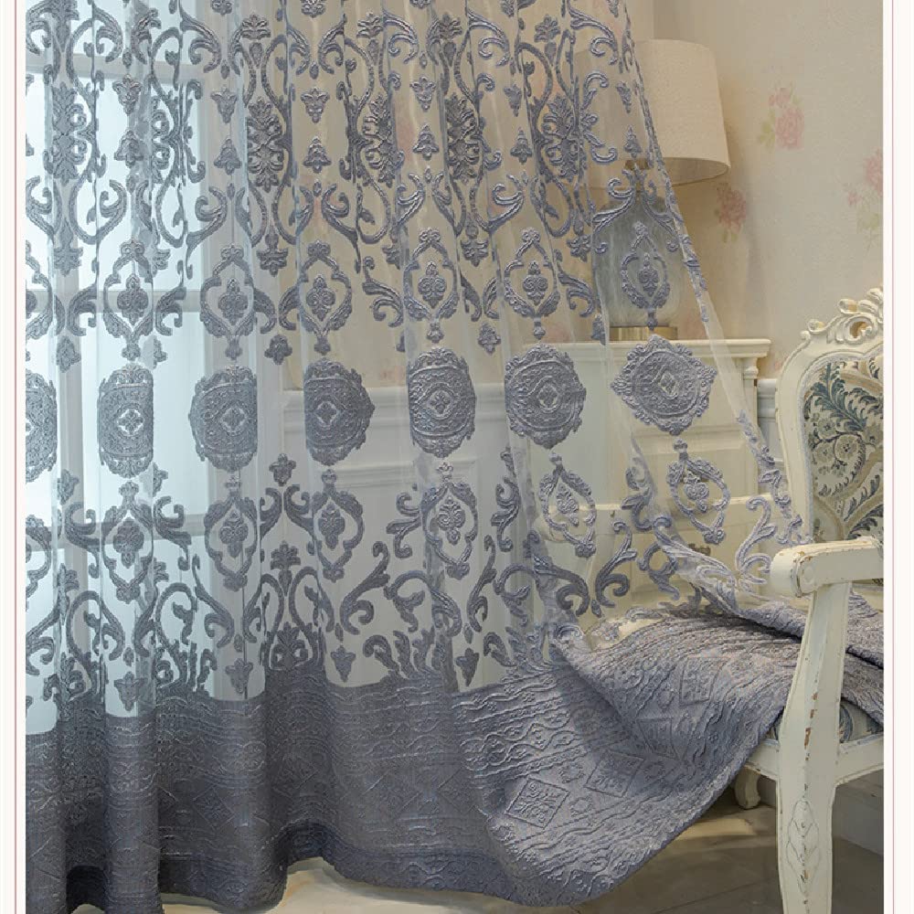 Photo 1 of Amidoudou 1 Pair Luxury European Sheer Curtains Hollow Embroidered Tulle Curtains for Bedroom Living Room (Gray,54x90 Inch)