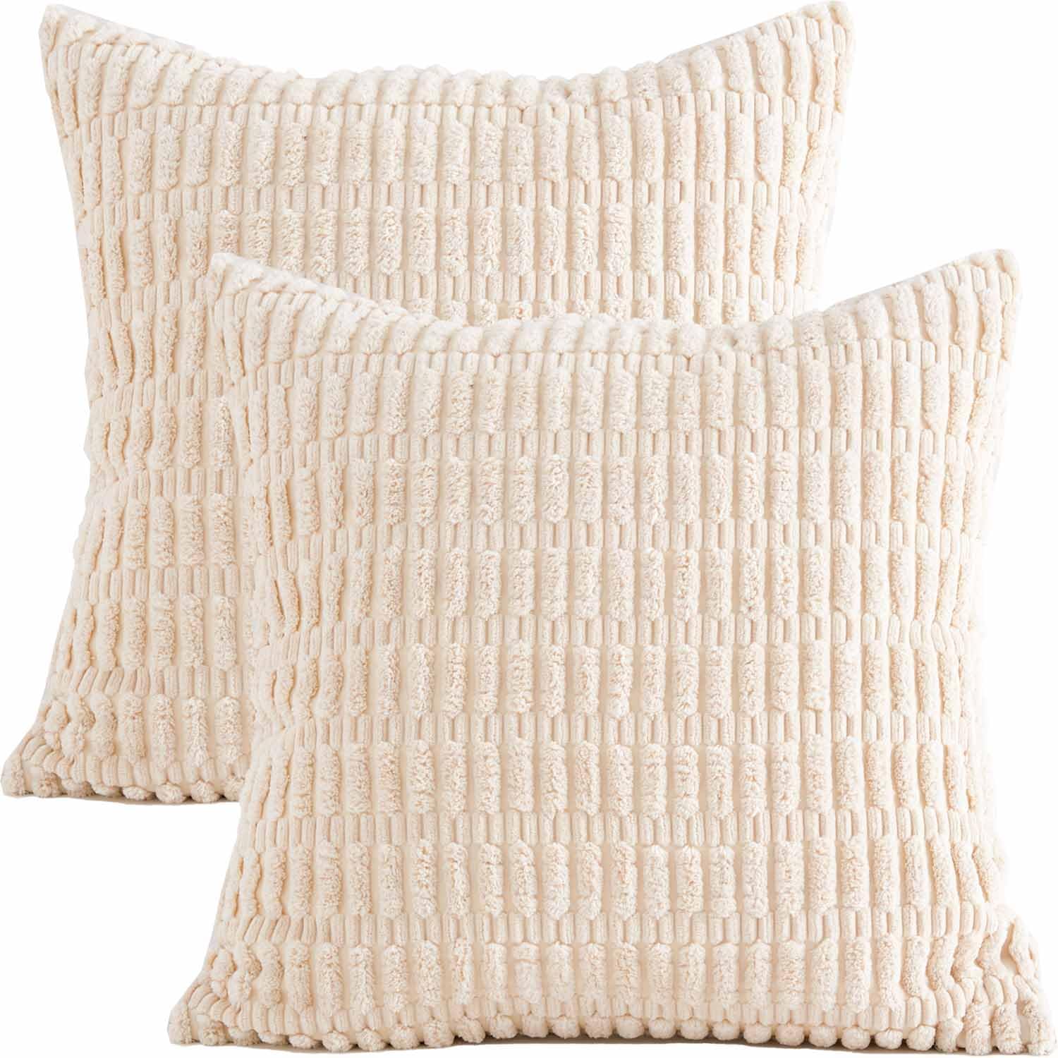 Tennove Cushion Covers 40x40cm Soft Corduroy Square Cushions Pillow Covers Set of 2 Boho Striped Decorative Throw Pillow Cases for Farmhouse Home Sofa Decor, Beige