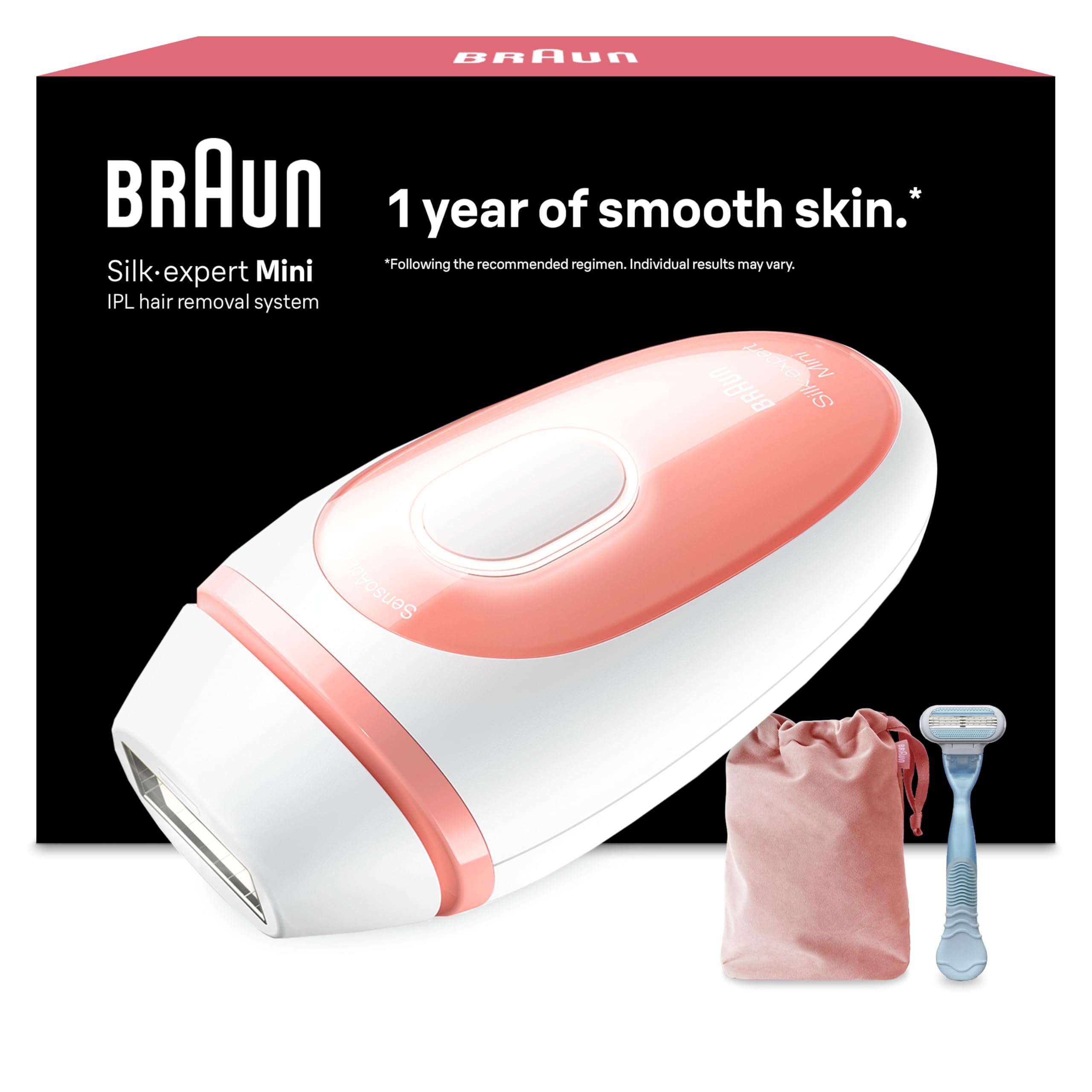 Braun IPL Silk·Expert Mini PL1014 Latest Generation IPL For Women, At-home Hair Removal Device, White/Pink, With Travel Pouch, Compact Size For On-The-Go, Easy, Safe And Efficient