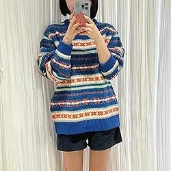 Women Y2K Argyle Striped Pullover Sweater Casual