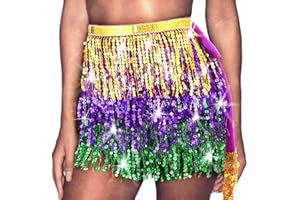 REETAN Mardi Gras Fringe Sequin Skirt Sparkly St. Patrick's Day Hip Scarf Rave Belly Dance Skirts for Women