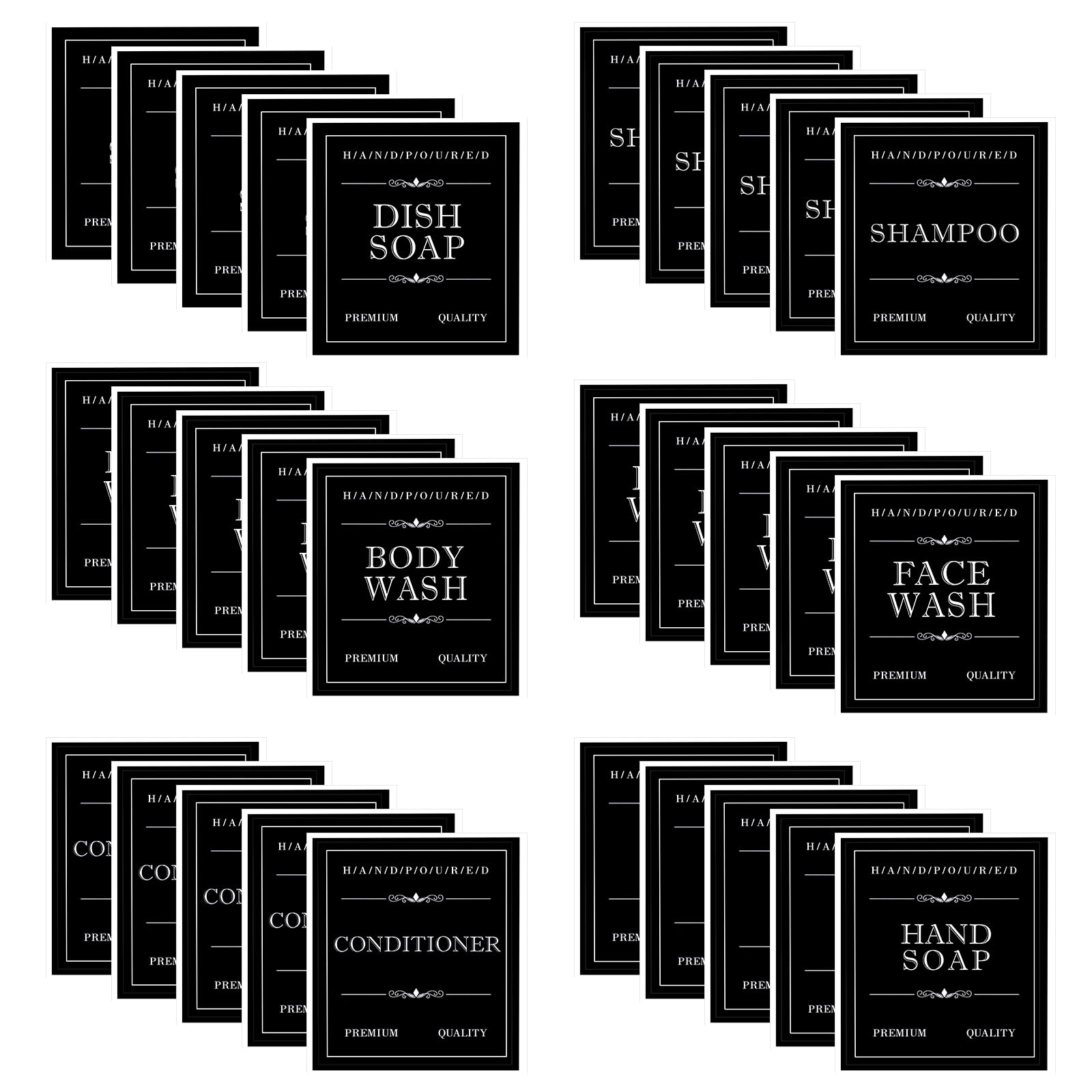 Ymapinc 30Pcs Waterproof Labels for Bottles, Removable Bathroom Organization Stickers for Hand/Dish Soap Shampoo Conditioner Body/Face Wash, Toiletry Labels for Plastic/Glass Bottles