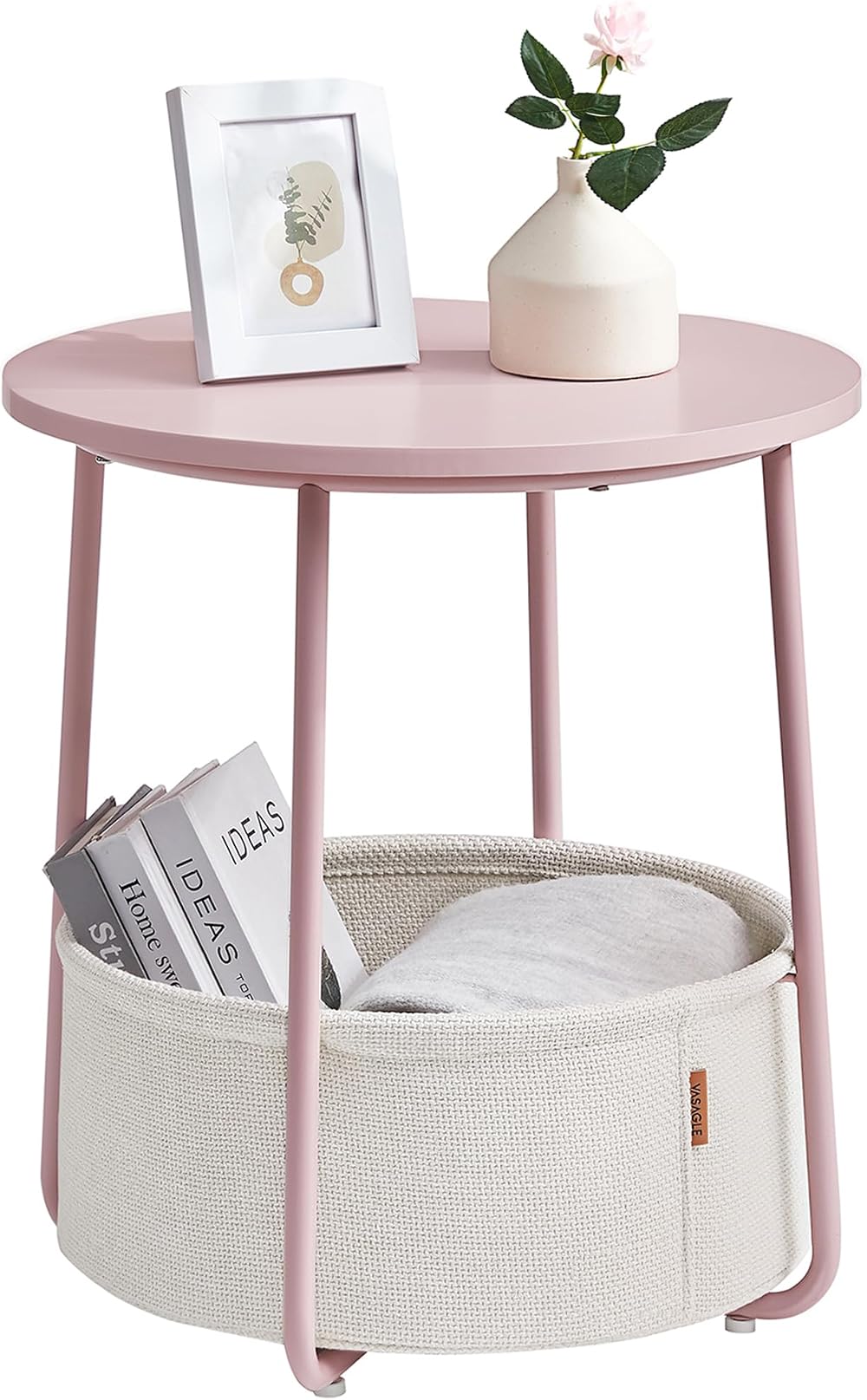 VASAGLE Round Side Table with Fabric Basket Pastel Pink Cloud White LET223R61