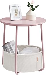 VASAGLE Round Side Table with Fabric Basket Pastel Pink Cloud White LET223R61